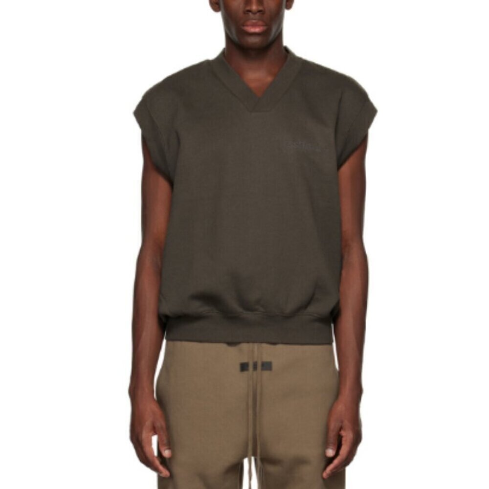 Fear Of God Mens Large Essentials Vneck Fleece Dark Olive Vest